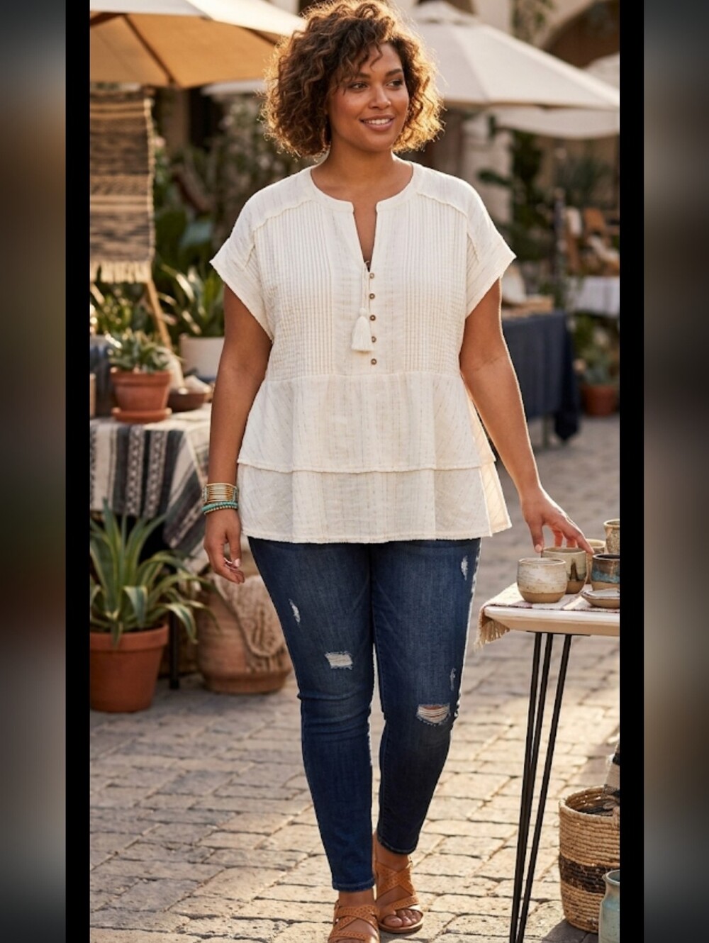 LANE BRYANT Cream Textured Womens Blouse with Tassels SIZE 22-24 (3X)